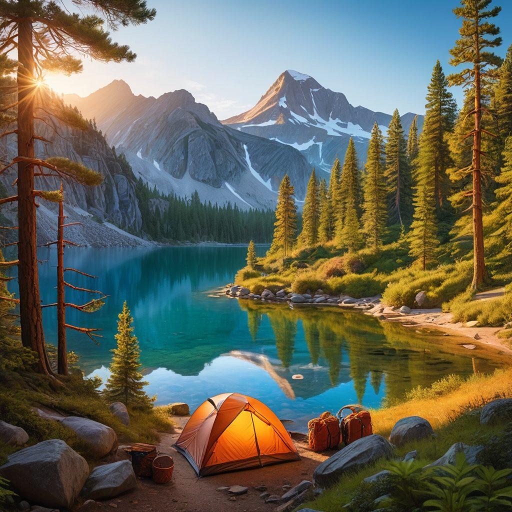 A breathtaking landscape featuring a serene campsite nestled among tall pine trees, with a cozy tent set up near a sparkling lake. Include a glowing campfire, scattered camping gear, and colorful backpacks. In the distance, majestic mountains rise under a clear blue sky, inviting adventure. Capture the essence of exploration and connection with nature. super-realistic. vibrant colors. warm lighting.
