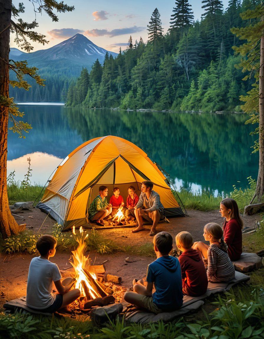 A joyful family enjoying a camping trip in a lush green forest, with a cozy tent set up next to a sparkling lake. Children roasting marshmallows over a campfire, while parents take a scenic hike. Encompassing vibrant nature with diverse flora and fauna around, showcasing activities ideal for all ages. The sky is bright blue with fluffy clouds adding a cheerful ambiance. vibrant colors. super-realistic.