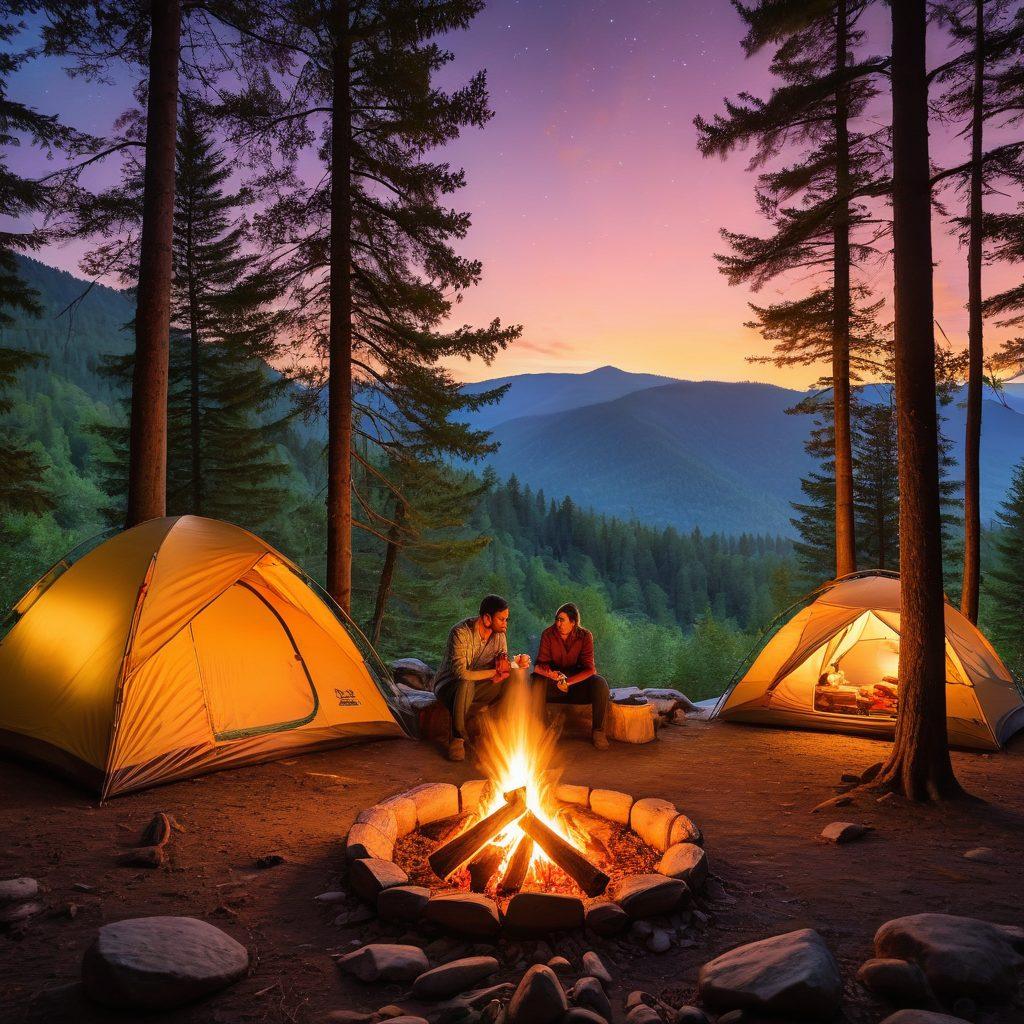 A cozy campfire glowing at dusk, surrounded by tents and nature. A delicious meal sizzling on a grill, with friends gathered around enjoying the moment. In the background, scenic trails winding through lush forests and mountains, with a sunset casting warm light. Whimsical elements like fireflies and stars emerging in the sky. vibrant colors. super-realistic.